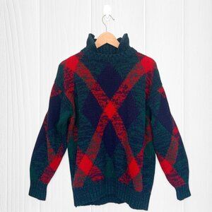Vintage Tricots St. Raphael Shetland Wool Turtleneck Sweater Red/Green Argyle M